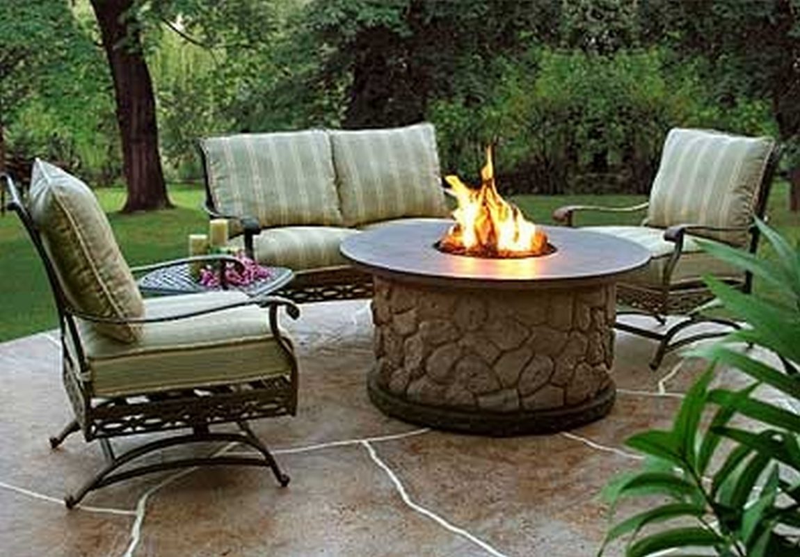 Furniture + Accessories Large-size Decorate Small Terrace Furnishing Backyard Designs With Outdoor Inspiration Spectacular Round Table White Stone Fire Pit Ideas With Panels As Well As Antique Iron Frame Chairs With Gray Fabric Seat Furniture + Accessories
