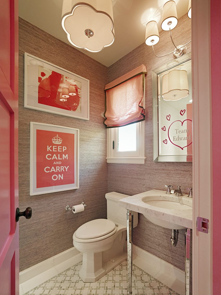 Bathroom Medium size Decorating A Small Bathroom With Pink Tile Wipes Wall Picture Laminated Wall Lighting And Chandilier. Wash Basin And Sink White Closet Mirror Nice Floor And Small Window And Curtain