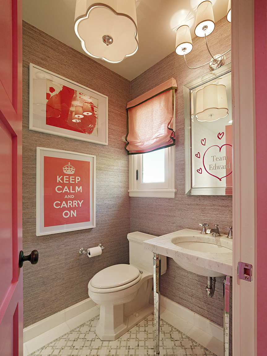 Decorating A Small Bathroom With Pink Tile Wipes Wall Picture Laminated Wall Lighting And Chandilier. Wash Basin And Sink White Closet Mirror Nice Floor And Small Window And Curtain Bathroom