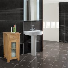 Bathroom Thumbnail size Decorating A Small Bathroom With Several Soap Bottle Mirror Small Woden Cabinat White Sink And Best Faucet Black Varnished Floor Black Wall Tile Ideas
