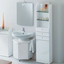 Bathroom Thumbnail size Decorating A Small Bathroom With White Concept Mirror Small Lighting ELegance Wash Basin And Sink Long Storage With Accessories Varnished Floor Vas And Small Cabinet