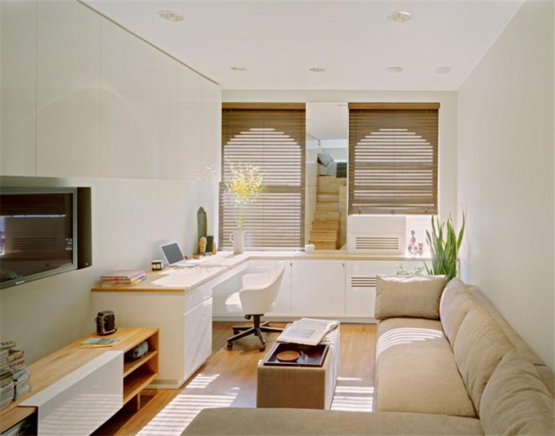 Design Ideas Wooden Laminated Flooring White Wall Ceiling Complete With Lighting Ideas White Sofa And L Shaped Table With Cute Chair Wooden Table Book Magazine Laptop Vase FLower Wall Apartment