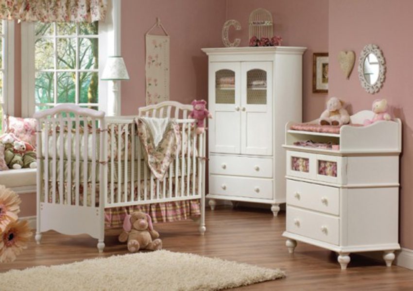 Bedroom Elegance White Set BabyNursery Furniture With Fur Rug DollFlowerWindowCurtainLampMini SofaSmall Chest Of DrawerMirrorSmall WardrobeSeveral Accessories And Laminated Wooden Floor Ideas Marvelous Baby Bedroom Design