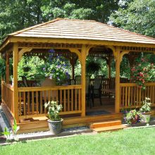 Architecture Thumbnail size Exterior Inspiring Design Of Gazebo Ideas With Wooden Accent The Columns And Fence Surrounded By Forest View Wonderful Designs Of Exterior Taking Gazebo Ideas Inspiring You