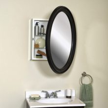 Bathroom Thumbnail size Furniture Rectangular White Wooden Medicine Cabinets And Oval Mirror Door With Black Wooden Frame On White Wall Plus Round Steel Towel Hook And White Washbasin Modern Ideas Of Medicine Cabinets