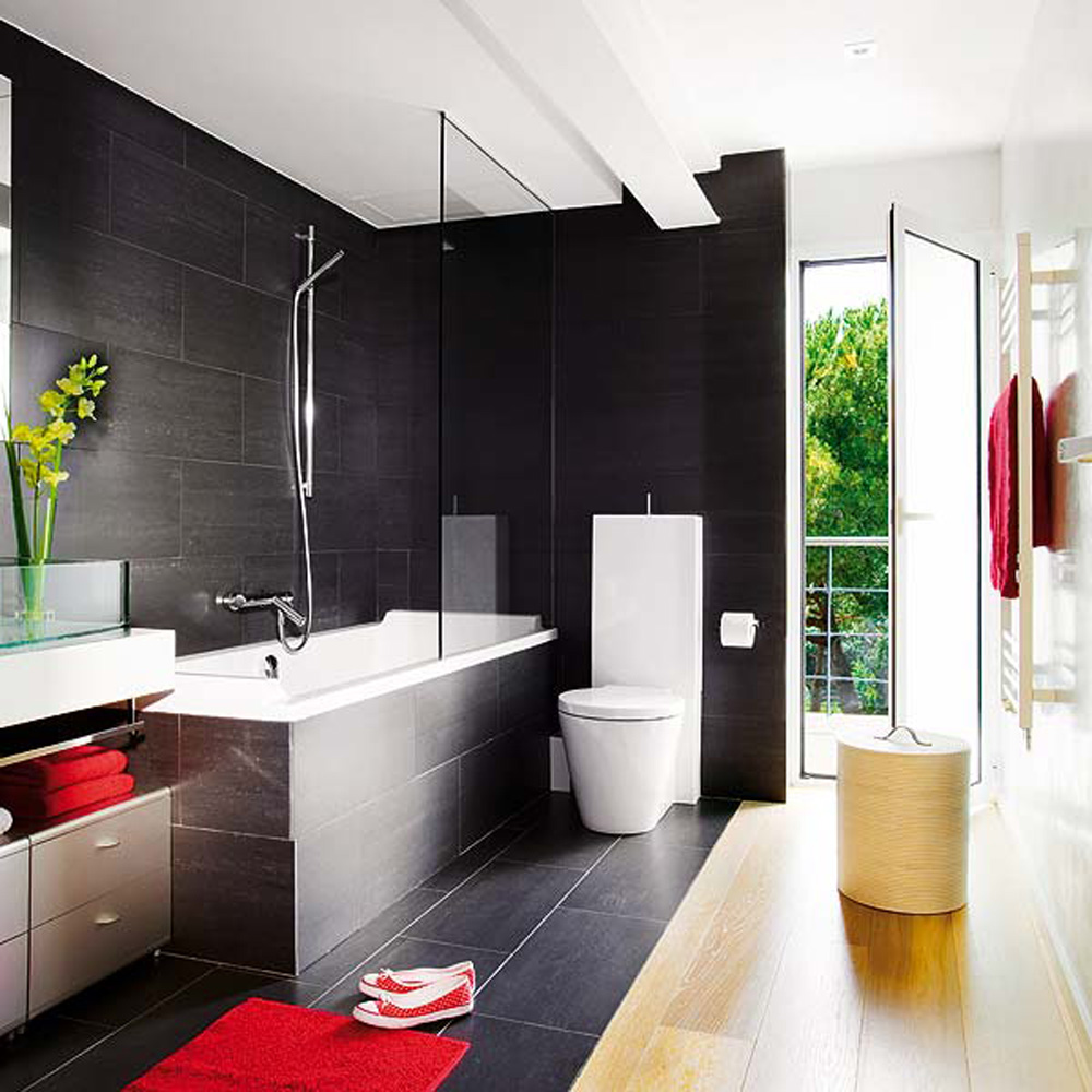 Great Laminating Floor With Black Wall Bathtub Shower Cabinet White Closet Red Shoes Red Dormat Towel Flower And Glass Door For Best Small Bathroom Designs Bathroom