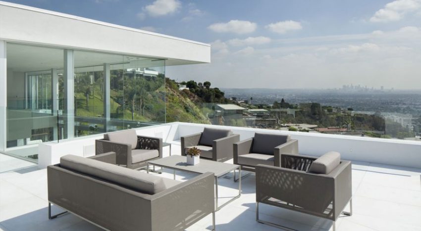 Furniture + Accessories Large-size Grey Cushioned Chairs With Modern Roof Terrace Coffee Table Glass Window White Flooeing Ideas Best View For Inspiring Hill And Downtown Views For Choosing Home Design Ideas Furniture + Accessories