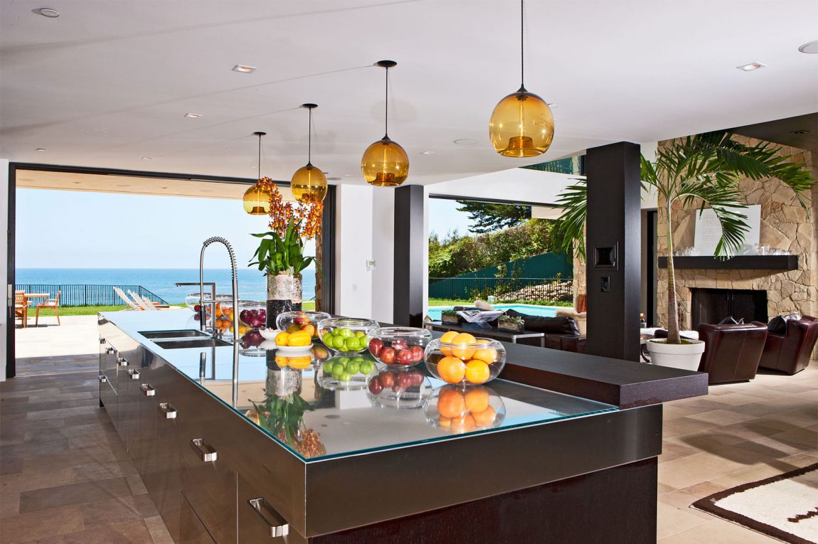 Architecture Large-size Home Ideas Inspiring Kitchen Design For Malibu Beach House Design For Sale With Yellow Shade Track Pendant Lamp And Big Kitchen Island Also Amazing Urban Style Architecture Inspiring Pictur Architecture