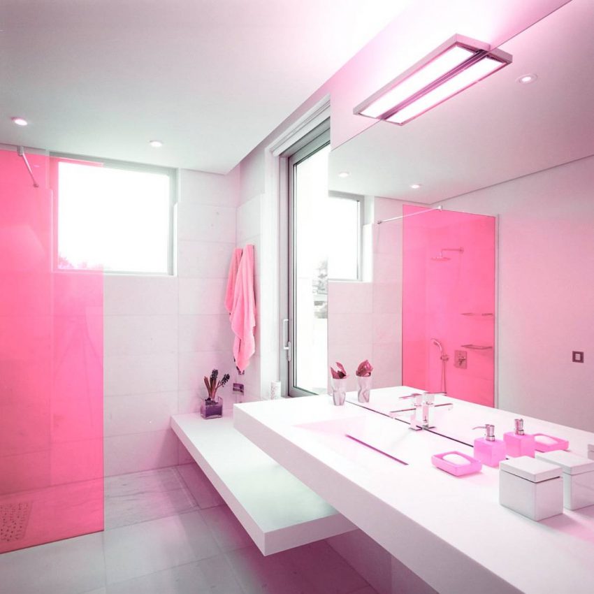 Bathroom Medium size Interior Design Of Bathroom With Pink Ideas WithLarge Mirror Simple Ceiling And Lighting White Wash Basin Faucet Pink Hand Soap FLower Window Towel And Amazing Floor