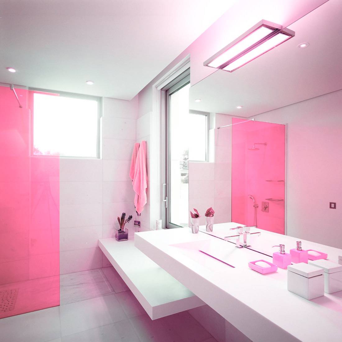 Interior Design Of Bathroom With Pink Ideas WithLarge Mirror Simple Ceiling And Lighting White Wash Basin Faucet Pink Hand Soap FLower Window Towel And Amazing Floor Bathroom