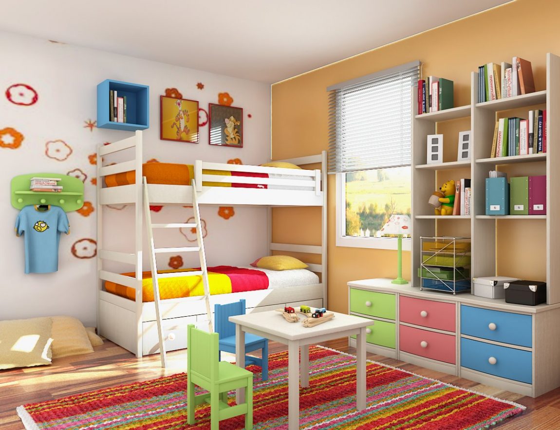 Kids Room Large-size Kids Bedroom Pictures With Colorfull IdeasWhite Bedroom SetStairMatrasPillowRugMini Chair And TableLaminated FloorCute WallHangerT ShirtWall PicsWindowDraperyStorageBookLamp And Dool Accessorie Kids Room