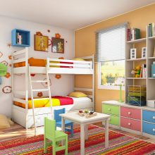 Kids Room Elegance Kids Bedroom With Bright ColorChandilierCute RugBedroom SetDesk ComputerWhite ChairStorage BookCupboard ColorLampPicturePillowWindowOutdoor ViewGray Stained Floor An White Wall Amazing Girls and Boys Kids Bedroom Ideas