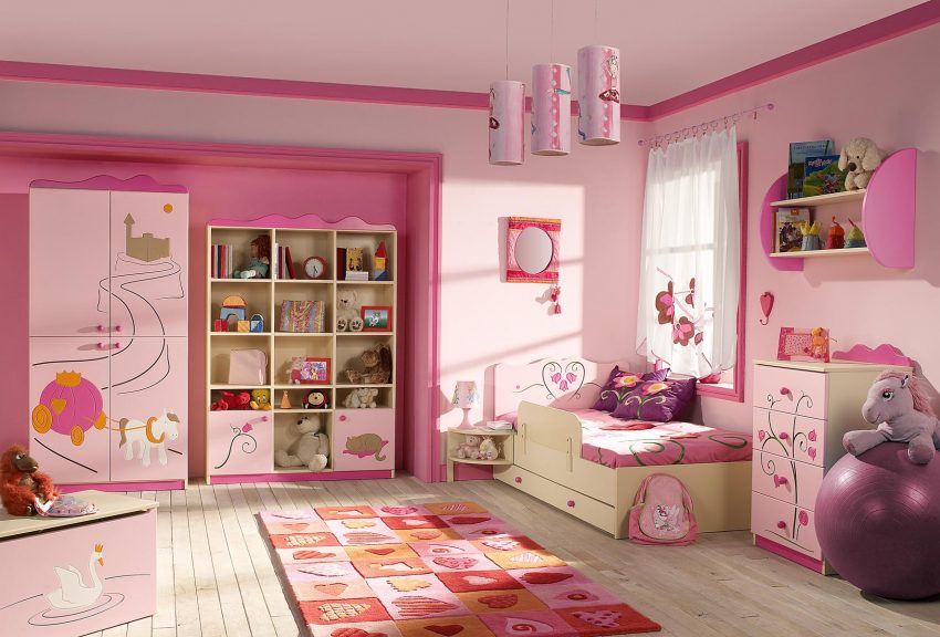 Kids Room Medium size Kids Bedroom For Girl With Laminated FLoorCupboardStorageDoolPictureWatchToysCarpetLampMirrorPendant LampBagFlower Curtain And Window For Modern Colorful Concept