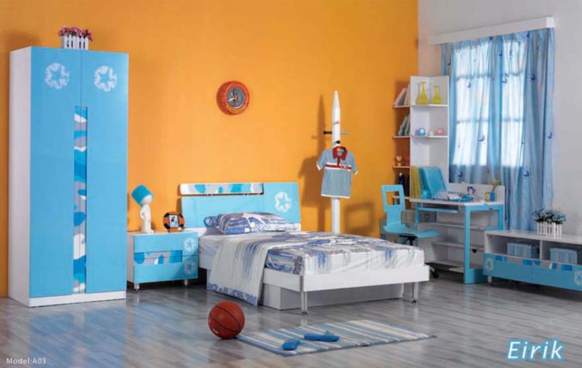 Kids Room Medium size Kids Bedroom With Modern Blue Design Furniture IdeasBasket BallCupboardCute LampMini TablePillowT ShirtChairStorage BookRug Window Blue Curtain And Best Floor