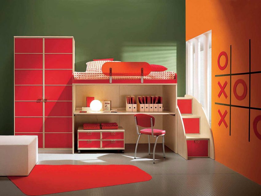 Bedroom Kids Room Interior Design For Small Bedroom With Bright Color Design Cute Rug Best FLoor Awesome Wall And Window Large Cupboard Mini Chair Books Lamp Bedroom With Mini Stairs Cute Pillow And White Box Room Interior Design for Small Bedroom