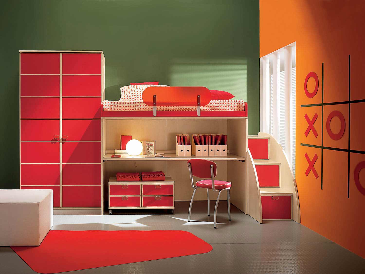 Kids Room Interior Design For Small Bedroom With Bright Color Design Cute Rug Best FLoor Awesome Wall And Window Large Cupboard Mini Chair Books Lamp Bedroom With Mini Stairs Cute Pillow And White Box Bedroom