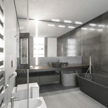 Bathroom Thumbnail size Laminating Floor With Gray Bathtub Large Mirror Gray Wash Stand Sink And Teeth Brush Elegnace White Sink Lighting Gray Wall For Small Bathroom Design Ideas