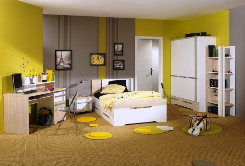 Bedroom Medium size Large Kids Bedroom Design Ideas With Bedroom Furniture Sets Ideas And Light Yellow Wall Paint Color Ideas With Grey Striped Headboard And Computer Desk And White Wardrobe 