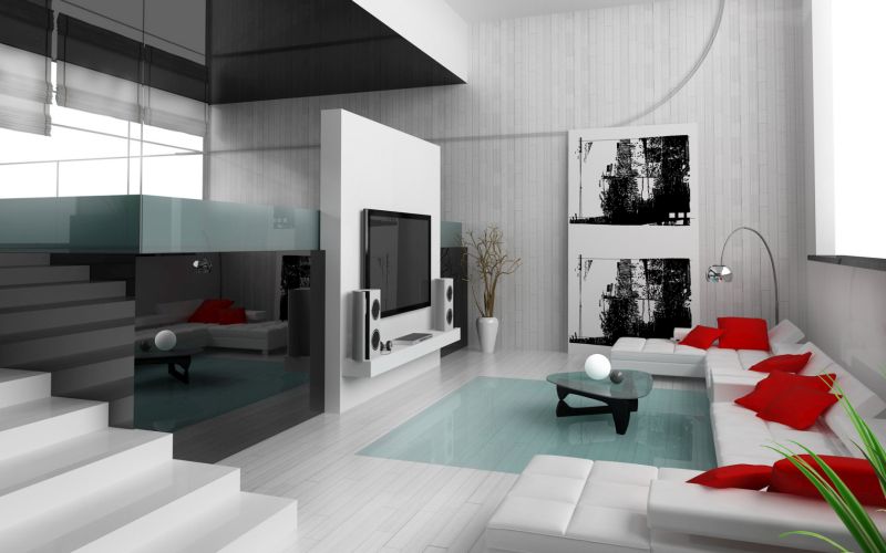 Living Room Concept Ideas White Sofa Red Pillow Modern Lamp Large Tv Screen Best White Floor Wall Art Cute Glass Table Laminated Glass Rug For Flooring Stair And Ceiling Ideas For Inspiring Interior Apartment