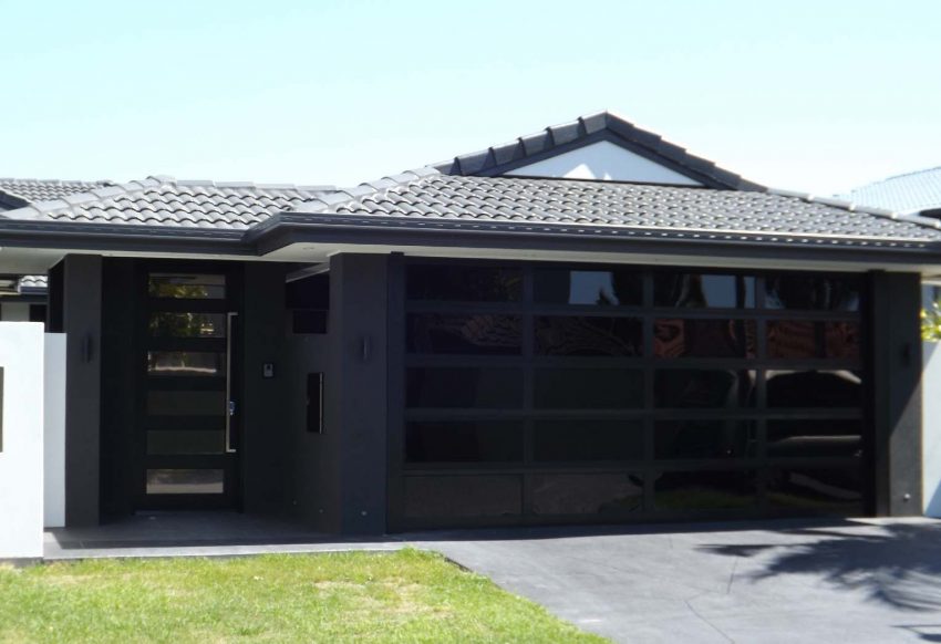 Ideas Medium size Lovely Custom Black Glass Garage With Black Aluminium Frame Garage Door Ideas Best Rooftop For Home Architecture Gray Wall Best Floor And Grass For Concept Design 