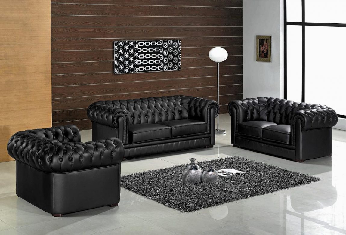 Furniture + Accessories Large-size Luxury Black Metal Tufted Leather Sofa Living Room Furniture Set Ideas With Gray Fur Rug Magazine Accessorie Cute Lamp Wall Picture Wooden VArnished Wall Glass Window And Modern White Furniture + Accessories
