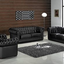 Furniture + Accessories Thumbnail size Luxury Black Metal Tufted Leather Sofa Living Room Furniture Set Ideas With Gray Fur Rug Magazine Accessorie Cute Lamp Wall Picture Wooden VArnished Wall Glass Window And Modern White