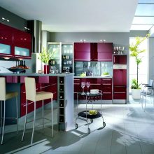 Kitchen Thumbnail size Luxury Black Red Color For Kitchen Cabinet Decor With Modern Lighting And Ceiling Plant Glass Bowl Wine Table And Chair Small Wheel Table And White Floor Ideas