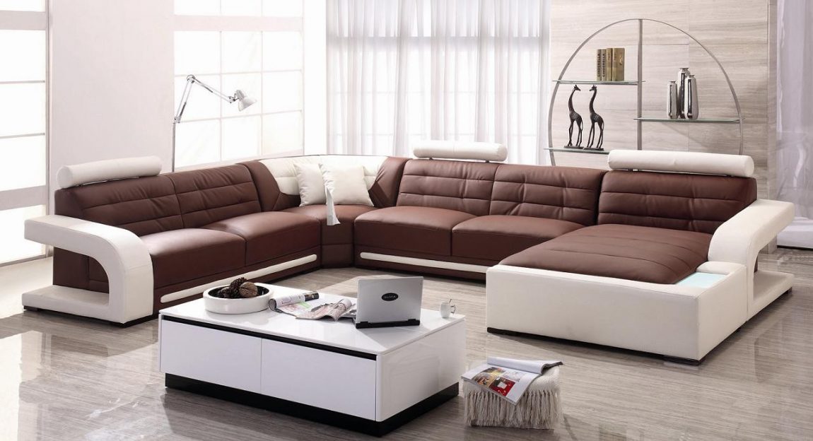 Furniture + Accessories Large-size Luxury Brown And White Color Ideas For Modern Living Room Design With Contemporary Sofa Leather Furniture White Table Laptop Magazine Several Accessories Best Wall Stained Floor Ideas Furniture + Accessories