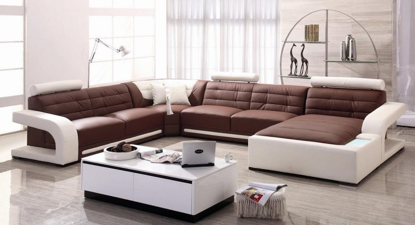 Furniture + Accessories Luxury Brown And White Color Ideas For Modern Living Room Design With Contemporary Sofa Leather Furniture White Table Laptop Magazine Several Accessories Best Wall Stained Floor Ideas Contemporary Italian Leather Furniture