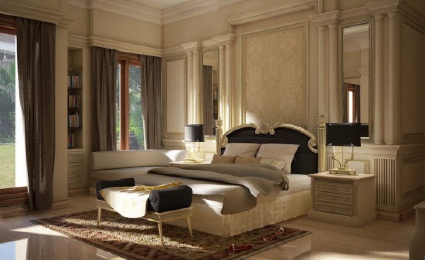 Luxury Room Interior Design For Small Bedroom With Italian Design Style Dark Curtain And WIndow Modern Chair And Set Bedroom Fur And Sandals Varnished FloorPillowLampSet FurnitureBest Wall And Book Bedroom