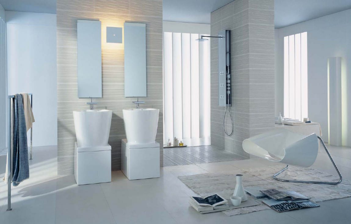 Bathroom Large-size Luxury White Concept For Interior Design Of Bathroom With Long Mirror White Modern Wash Basin And Faucet Towel And Hanger Modern Shower Chair Books Glass Fur Rug Lighting Wall Ideas And Best FLoor Bathroom
