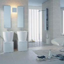 Bathroom Thumbnail size Luxury White Concept For Interior Design Of Bathroom With Long Mirror White Modern Wash Basin And Faucet Towel And Hanger Modern Shower Chair Books Glass Fur Rug Lighting Wall Ideas And Best FLoor