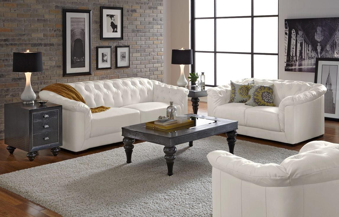 Furniture + Accessories Large-size Luxury White Tufted Leather Sofa Furniture Set With Modern TableAccessories Furniture Elegance Fur Rug Laminated Wooden FLoor Furniture + Accessories