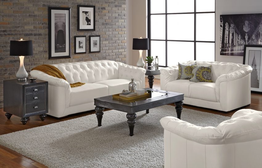 Furniture + Accessories Medium size Luxury White Tufted Leather Sofa Furniture Set With Modern TableAccessories Furniture Elegance Fur Rug Laminated Wooden FLoor