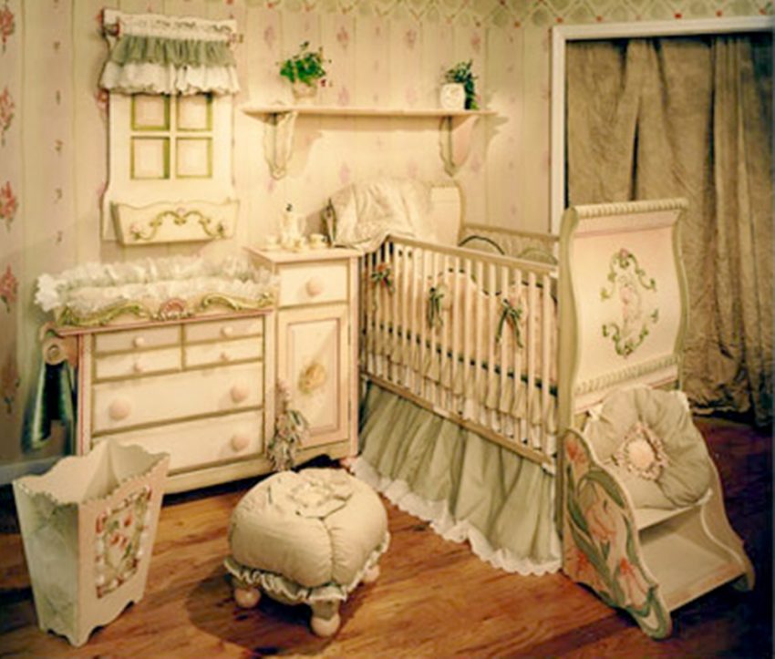 Bedroom Medium size Marvelous Baby Bedroom Design With Classic DesignCheapMini ChairBaby Nursey With Flower IdeasTrash BoxChest Of DrawerWindow And CurtainPlantWallpaper And Wooden Laminated Floor