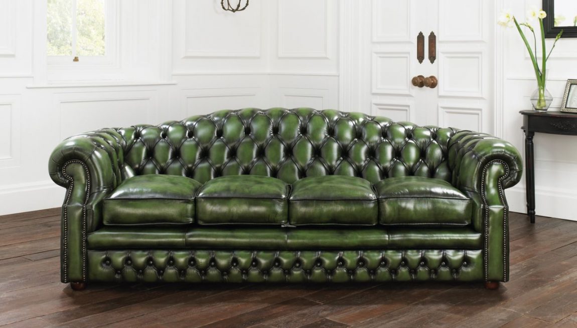 Furniture + Accessories Large-size Marvelous Green Tufted Leather Sofa Furniture Set Ideas With Wooden Floor White Wall Small Window Door Vase Flower Table And Picture For Living Room Interior Furniture + Accessories