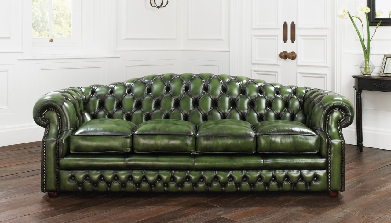 Marvelous Green Tufted Leather Sofa Furniture Set Ideas With Wooden Floor White Wall Small Window Door Vase Flower Table And Picture For Living Room Interior Furniture + Accessories