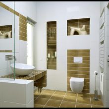 Bathroom Thumbnail size Minimalist Bathroom With White Wall Concept Modern Brown Tile White SInk Accessories And Small Mirror