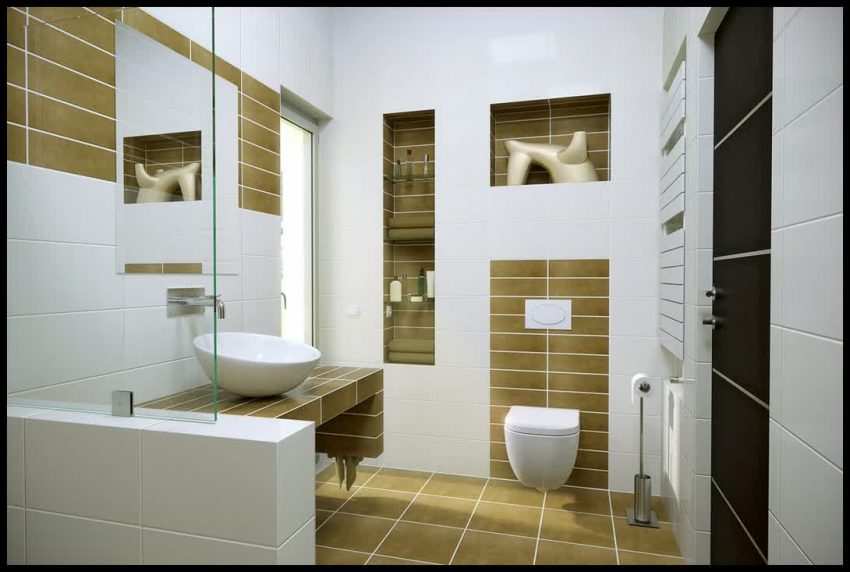 Bathroom Minimalist Bathroom With White Wall Concept Modern Brown Tile White SInk Accessories And Small Mirror Contemporary Bathroom Design with Modern Relaxing Space