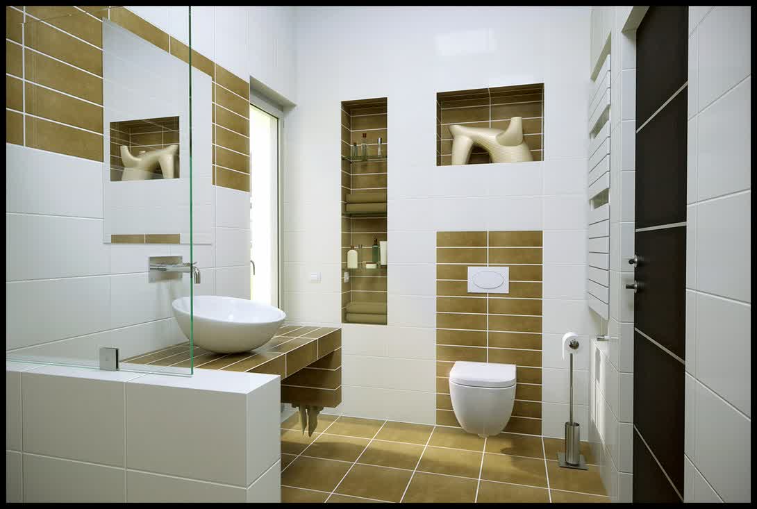 Minimalist Bathroom With White Wall Concept Modern Brown Tile White SInk Accessories And Small Mirror Bathroom