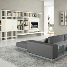 Bedroom Thumbnail size Minimalist Living Room Decoration Ideas From White Wall Interior And White Flooring With Wide Grey Rug Design And White Luggage Rack With TV Place Design And Grey Sofa Design And White Floor Lamp