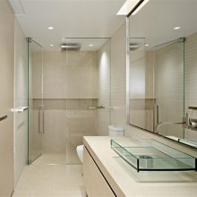 Bathroom Thumbnail size Minimalist Small Bathroom Design Ideas With Washing Stand Large Mirror Glass Sink White CLoset Glass Door Of Bathtub And Three Lamp On Ceiling