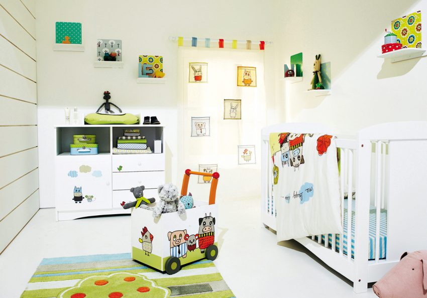 Bedroom Medium size Modern Baby Bedroom Design With Toy Nursery Baby IdeasDolsSeveral ToysWall PictureCute BlanketPillowBoxTowelUnique AccessoriesColorful Fur Rug And Amazing White Flooring Ideas