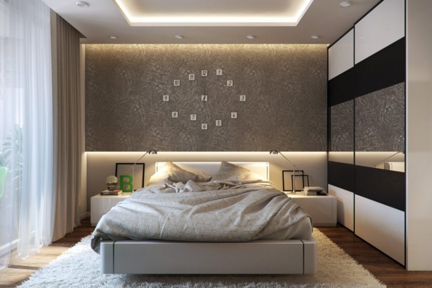 Bedroom Medium size Modern Bedroom Decor White Curtains Large Modern Wardrobes Large Clock On The Brown Wall Comfy Bed Between Floor Lamp Wooden Flooring Pattern Bed Covers Large White Fur Rug Bedroom Design Ideas