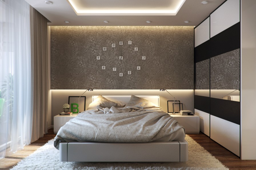 Modern Bedroom Decor White Curtains Large Modern Wardrobes Large Clock On The Brown Wall Comfy Bed Between Floor Lamp Wooden Flooring Pattern Bed Covers Large White Fur Rug Bedroom Design Ideas Bedroom