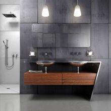 Bathroom Thumbnail size Modern Decorating A Small Bathroom Wih Brown Wooden Table For Sink Simple Faucet Hand Soap Shower Best Lighting And Gray Wall Ideas