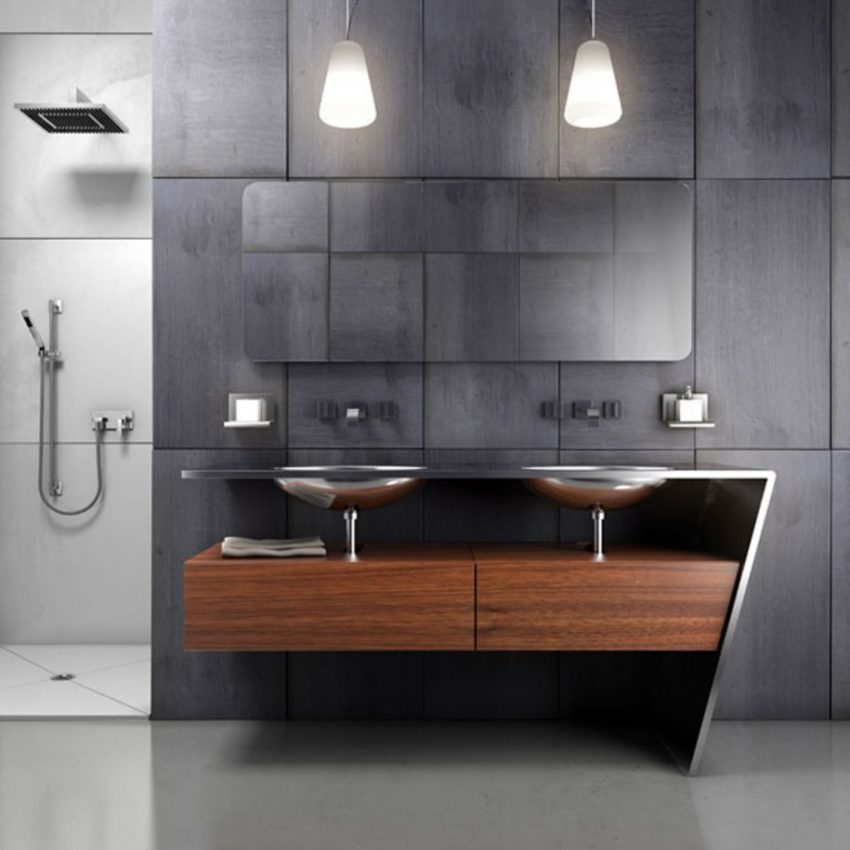 Bathroom Large-size Modern Decorating A Small Bathroom Wih Brown Wooden Table For Sink Simple Faucet Hand Soap Shower Best Lighting And Gray Wall Ideas Bathroom