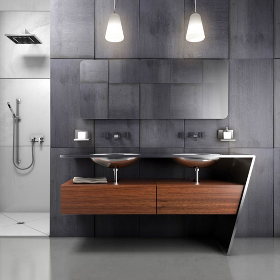 Modern Decorating A Small Bathroom Wih Brown Wooden Table For Sink Simple Faucet Hand Soap Shower Best Lighting And Gray Wall Ideas Bathroom