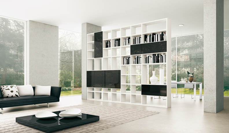 Modern Living Room Decoration Ideas From White Wall Interior With Bay Window Design And White Flooring And Black And White Bookshelves Design And Black Sofa With Black And White Cushions Design Bedroom