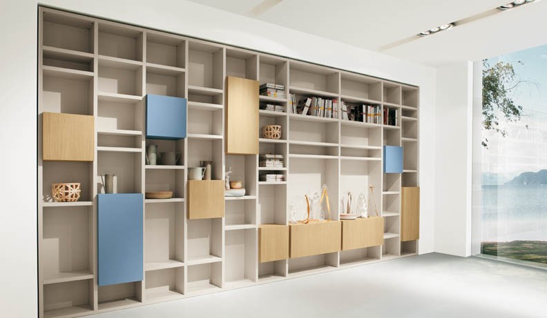 Modern Shelves Design With Blue And White And Brown Colour Of Theme There Is Luggage Rack To Be One With Bookshelves Design With White Wall Interior And White Flooring Design And Bay Window Bedroom